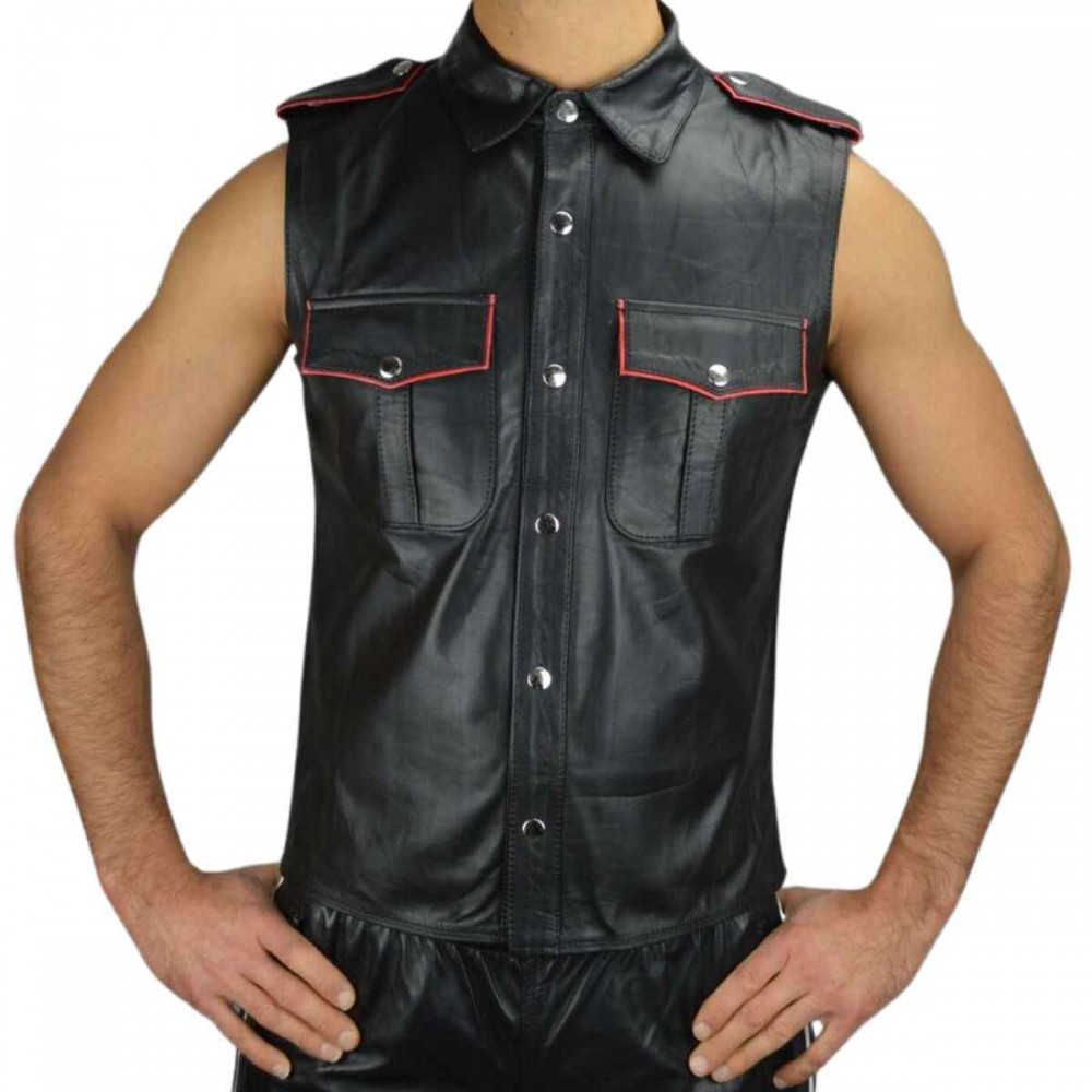 Sleeveless Leather Shirt with piping.