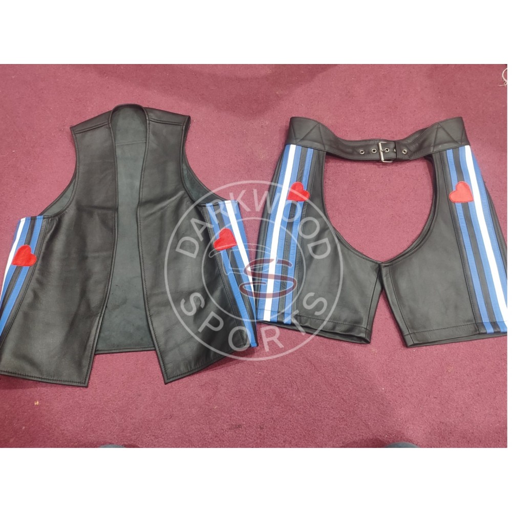 Leather Flag Vest and chap shorts